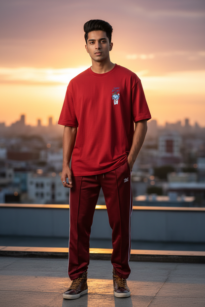 Red Stretch Tee - Rooftop City Skyline