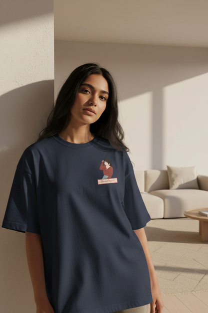 Navy Blue Oversized Terry Tee - Leaning Against Wall